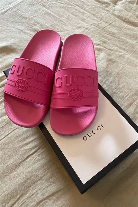 women's gucci pink slides|hot pink Gucci slides.